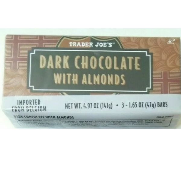 TRADER JOE'S Dark Chocolate WITH ALMONDS 3 - 1.65 oz BARS - KOSHER - 