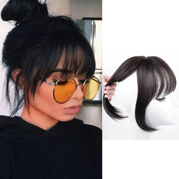 Clip in Pony Haarteile Oberkopf Ordentliches Fransen Haarteil Synthetisches Fake Bang Haarteil Clip in Bangs One Pieces mit Seitliche Franse Natürliche Bangs with Tempel Haarteile (4#Schwarz)