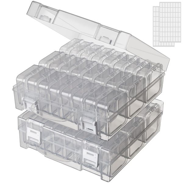 24 Slots Diamond Art Storage Containers, Diamond Painting Art Accessories Storage Case Small Clear Bead Craft Storage Box with Lid Transparent Rectangle Storage Boxes for Seed Rhinestones (2 Pack)