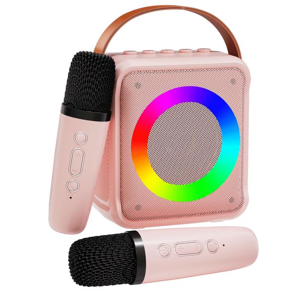 VERKB Mini Karaoke Machine for Kids Adults, Portable Bluetooth Speaker with 2 Wireless Microphones, Microphone Speaker Set with LED Disco Lights for Home Party, Birthday Gifts for Girls Boys Kid(Pink)