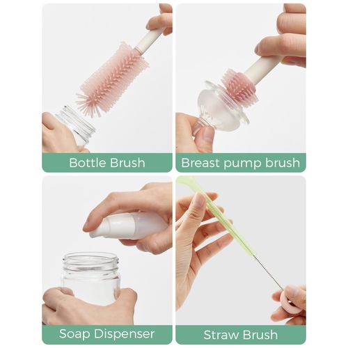 Momcozy Bottle Brush Set - Baby Bottle Cleaner Kit with Silicone Brush, Nipple Brush, Straw Brush, Soap Dispenser, Drying Rack - 7 in 1 Bottle Cleaning Tool for Home and Travel, Pink