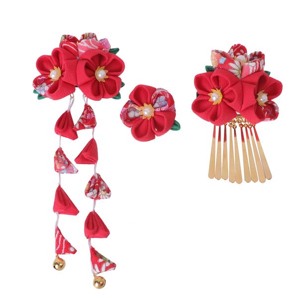 3pcs Japanese Kimono Flower Hair Clips Tassel Hair Hairpins Japanese Style Traditional Kimono Hair Barrettes Hair Accessories for Women (Red)