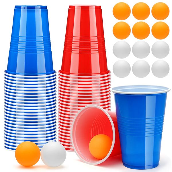 Zeawavsl Bierpong Becher Set, Beer Pong Becher Enthält 50 Becher und 12 Tischtennisbälle, 500ML Beerpongbecher Wiederverwendbare Beerpong Partybecher für Party Trinkspiele Camping Geburtstag Hochzeit