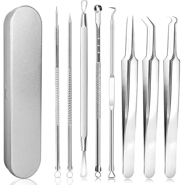 8 Stücke Mitesserentferner set, Edelstahl Komedonenquetscher Set Akne Mitesser Entferner Extraktor, Akne-Nadel-Set, Komedonenextraktor, Mitesser Entferner Extraktor, Comedone Extractor