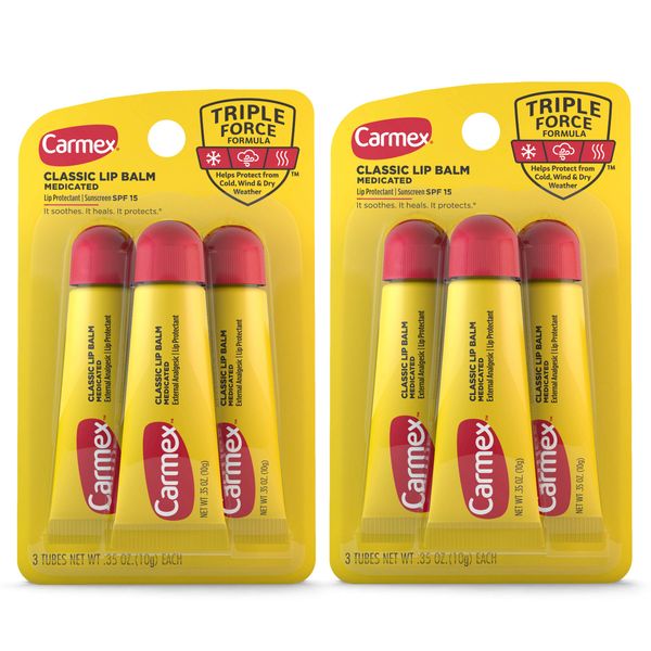 Carmex Medicated Lip Balm Tubes, Lip Moisturizer for Dry, Chapped Lips, 0.35 OZ - (2 Packs of 3)