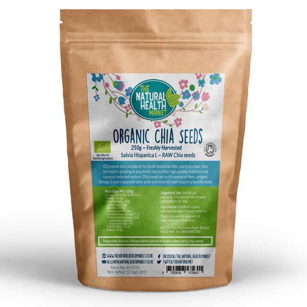 Organic Chia Seeds by The Natural Health Market 250g • Soil Association Certified Organic • Mixed Black Chia and White Chia • Rich Protein Source (250g)