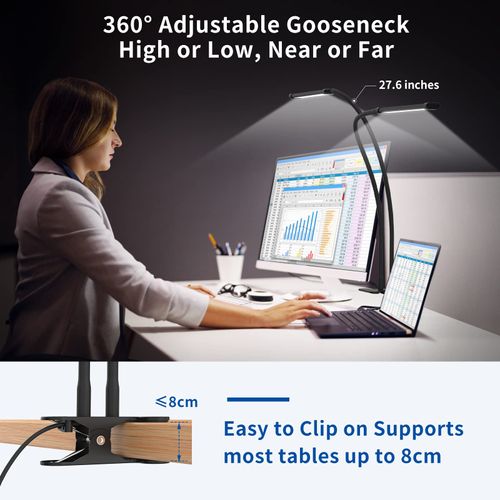 iZELL Desk Lamp, [2 LED Tube] Desk Lamps for Home Office with Clamp, Flexible Gooseneck LED Book Light, Easy Clip on Reading Lights for Bedrooms Beside Table Headboard College Dorm Bed Room - Black