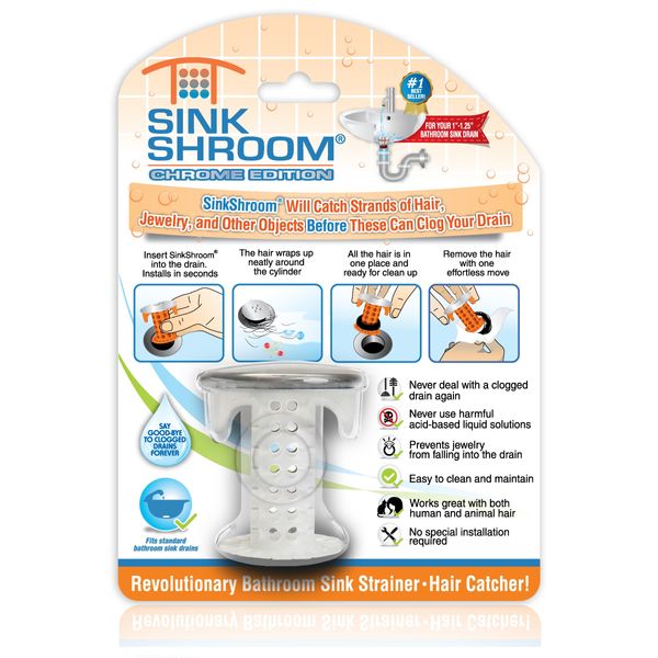 SinkShroom Bathroom Sink Drain Protector Hair Catcher Strainer Snare Silicone Chrome Standard