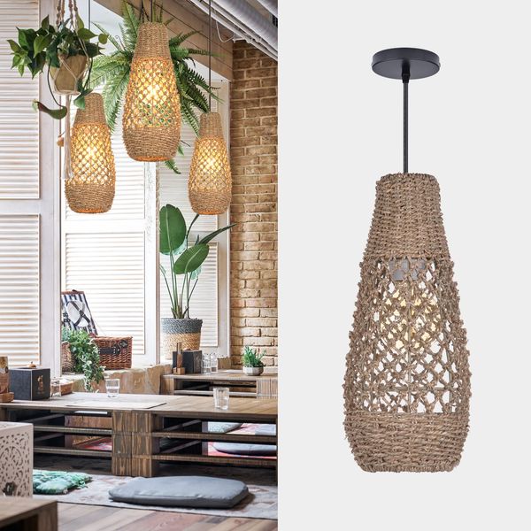 Arturesthome Boho Rattan Pendant Light Fixtures, Mini Farmhouse Natural Chandelier Lighting, Retro Wicker Hanging Lamp for Kitchen Island