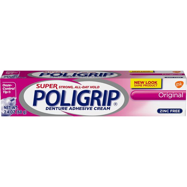 Super Poligrip Original Formula Zinc Free Denture and Partials Adhesive Cream, 2.4 ounce