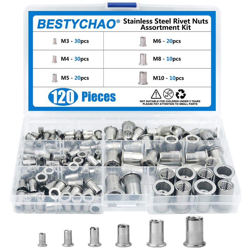 BESTYCHAO 120pcs Rivet Nut 304 Stainless Steel Flat Head Threaded ...
