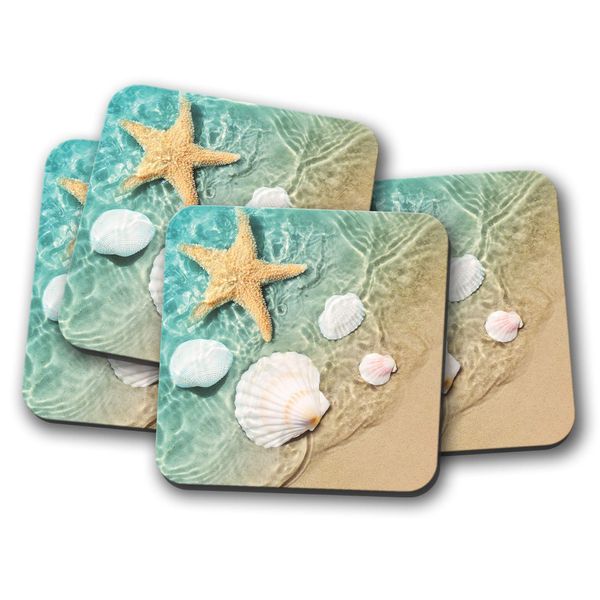 4 Set - Beach Shells Coaster - Shell Star Fish Ocean Sea Seaside Sun #16972