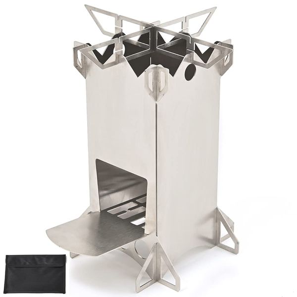 Rikopin Rocket Stove, Bonfire Stand, B5 Size (As Seen on TV!), Storage Size: 7.1 x 1.0 x 0.03 inches (18 x 25 x 0.8 mm), Camping Stove, Wood Stove, Stainless Steel, No Fuel Required, Rust Resistant,