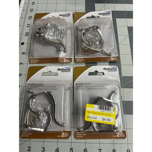 NEW 4-pack lot 2/pc National Hardware N192-781 Coat Hat Robe Hook Nickel Finish