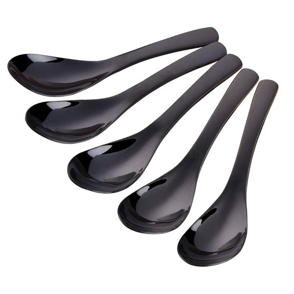 Buyer Star Ragalus Spoons, Set of 5, Ramen, Soup, Curry, Chinese Rice Bowl, Lotus, 18-8 Stainless Steel, Metal Tableware, Thick, Lotus, Dishwasher Safe, Antibacterial, Black