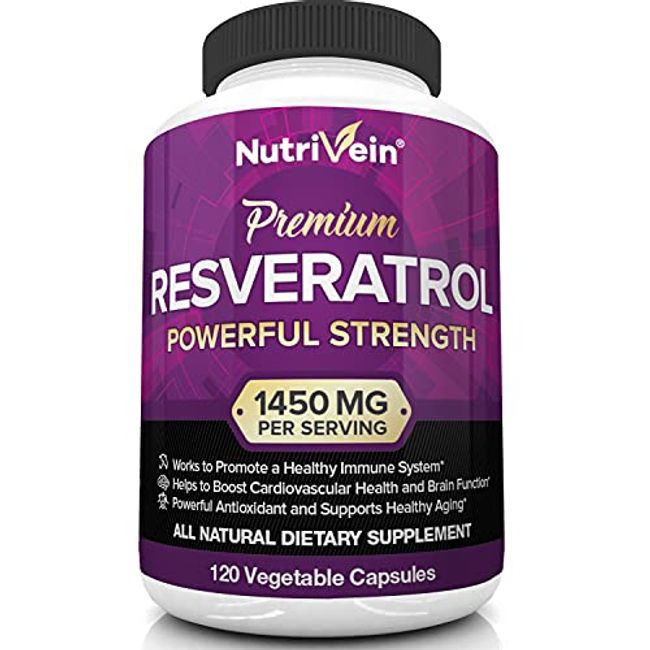 Nutrivein Resveratrol 1450mg - Antioxidant Supplement 120 Capsules – Supports Healthy Aging and Promotes Immune, Brain Boost and Joint Support - Made with Trans-Resveratrol, Green Tea Leaf, Acai Berry