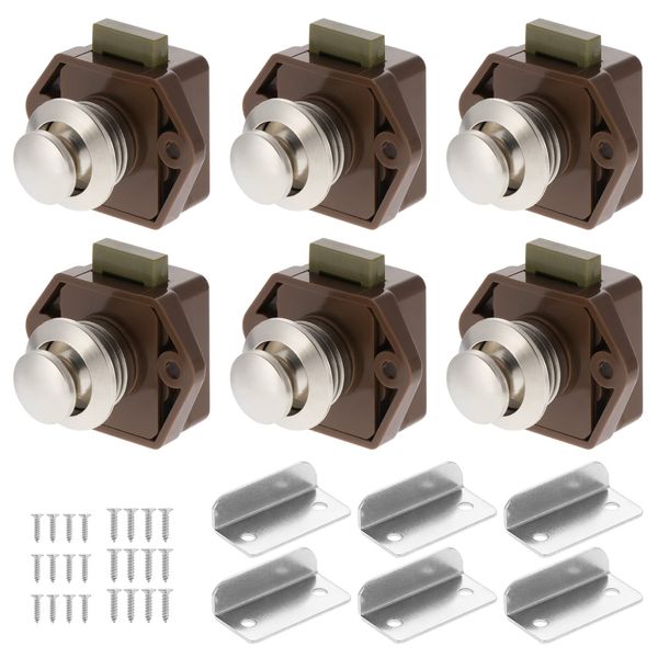 6PCS Push Button Latch Lock, Keyless Push Button Cabinet Latch, Cupboard Door Knob Latch for RV Yachts Boat Motorhome Camper Caravan (Brown)