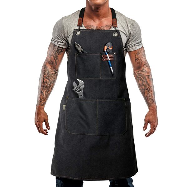 carrotez Durable Goods - Heavy Duty Canvas Work Apron [2nd Generation], Barber apron, Cotton Canvas Cross Back Adjustable Apron with Pockets, Adjustable Strap and Large Pockets,Canvas, M-XXL- Black