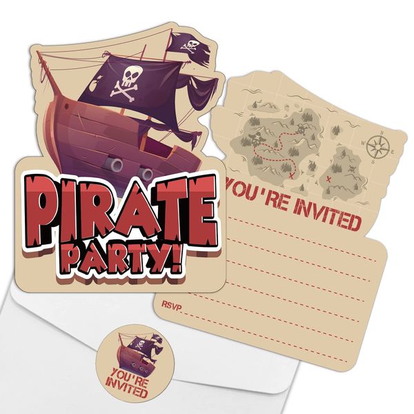 REWIDPARTY Pirate Birthday Party Invitations with Envelopes & Stickers（Set of 15） Pirate Ship Shaped Fill-in Invitations Pirate Theme Party Invite Card Pirate Birthday Party Supplies Favors for Kids