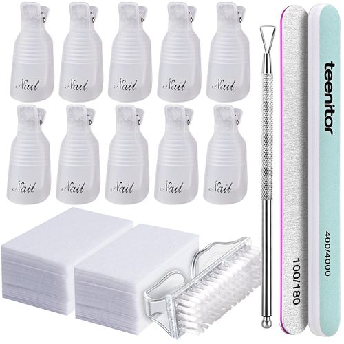 Teenitor Gel Nail Remover Kit -10 pcs Gel Clip Remover, Brush for Nails, Nail Files 100/180, Buffer Block 400/4000, Stainless Steel Cuticle Peeler and Lint Free Cotton Pads, Transparent