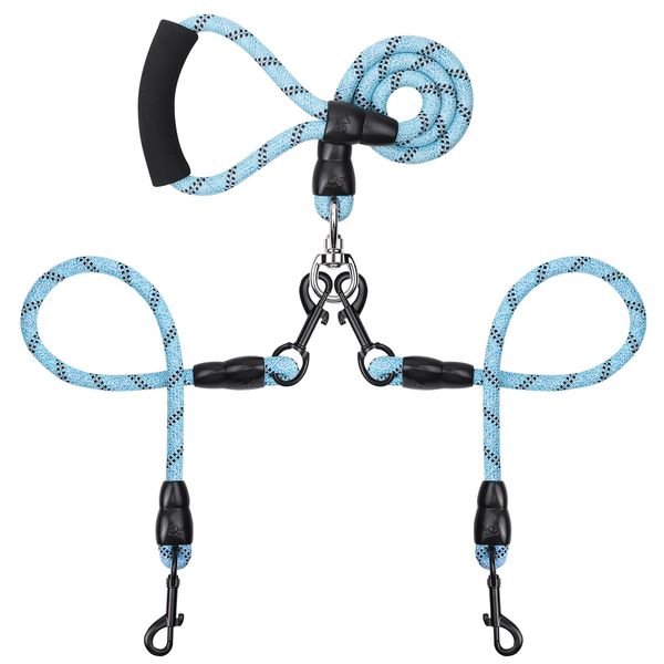 Double Dog Leash, 360° Swivel No Tangle Dual Dog Leash, Comfortable Shock Absorbing Reflective Climbing Rope for Two Dogs Walking and Training (Blue, S/8-45 ibs)