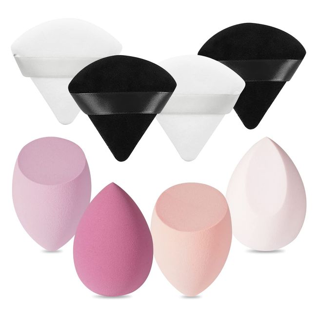 MAGIMODAC 4Pcs Makeup Sponge with 4Pcs Powder Puff Triangle Soft Powder Sponge Reusable Cosmetic Foundation Wet Dry Makeup Set Creme-Pink