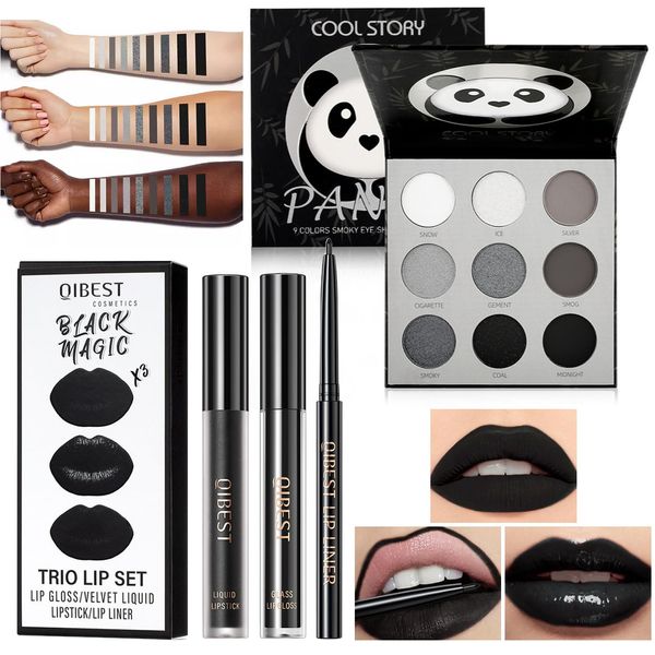 Halloween Makeup Kit, Halloween Gesicht Schminke, enthält 3 Schwarz Matt Flüssiger Lippenstift, Lipliner, Lipgloss und Schwarzer Rauchiger Lidschattenpalette, für Halloween Party Cosplay