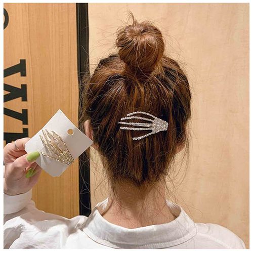Yheakne Punk Skeleton Claw Hair Clip Gold Crystal Skull Hair Clip Hair Pin Zombie Skeleton Hand Hair Clip Halloween Hair Accessories for Women and Girls