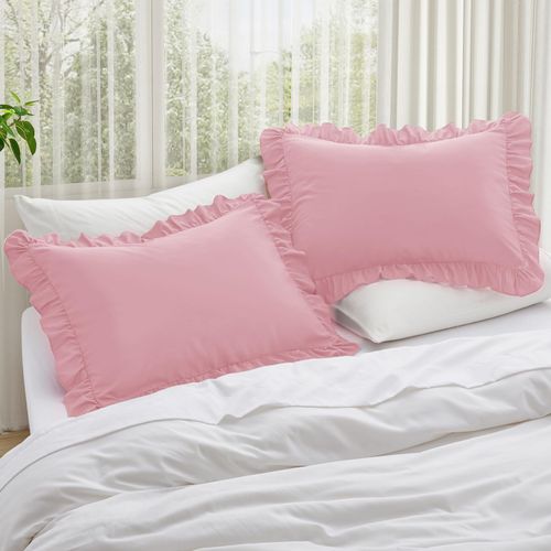KKJIAF Ruffle Pillow Cases Standard Size Set of 2, Ruffled Pillow Covers with Envelope Closure, Wrinkle Resistant Pillowcases 20" x 26", Ruffled Pillow Shams, Light Pink