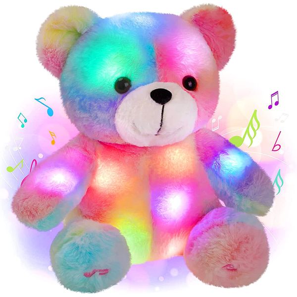 TNOIE Teddy Bear Plushies,Stuffed Animals with Musicl and 7 Changing Colorful Glow,Cute Kawaii Plush Toys Gifts for Kids Boys Girls and Her Valentines Birthday Christmas Day Gifts, 12 inch, Rainbow