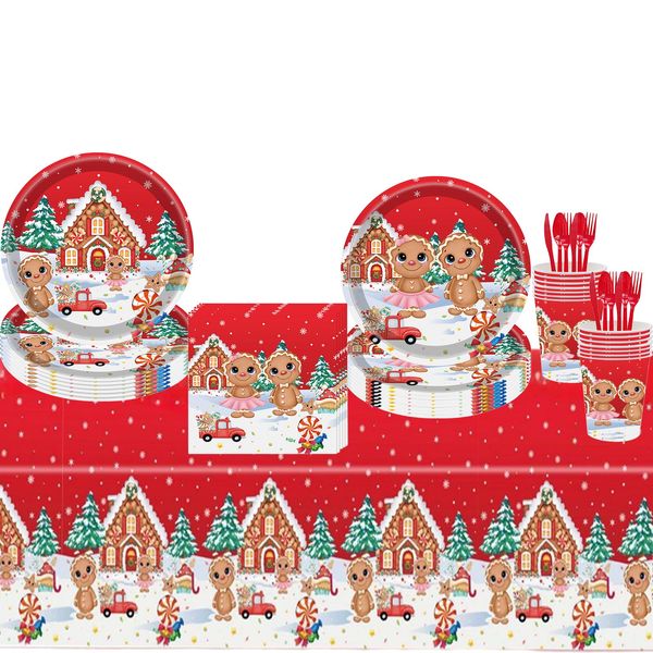 69Pcs Christmas Party Tableware Plastic Table Cloth Cover,Paper Plates,Napkins and Cups for Xmas Party Table Decorations,Red Gingerbread Man Dinnerware Set for Christmas Party Supplies