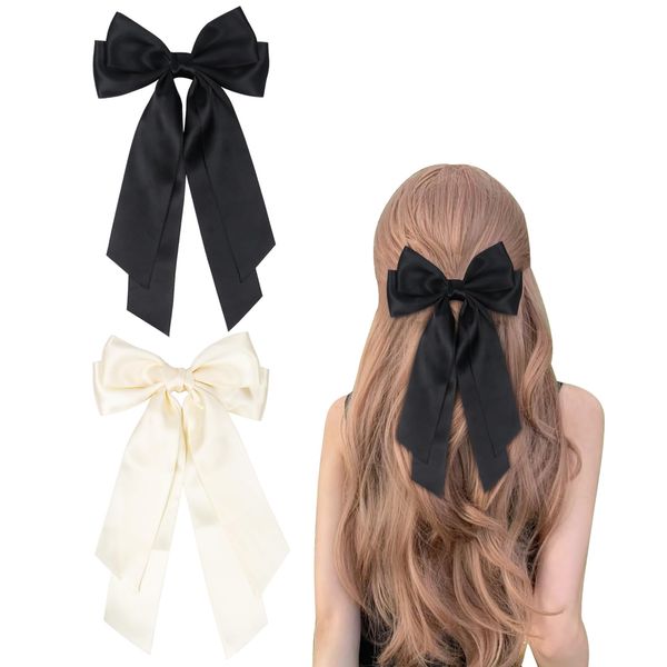 2Pcs Satin Hair Bows for Women, Black Hair Ribbons Hair Clips with Long Tail, Bow Hair Clip for Women Girls(Black, Beige)