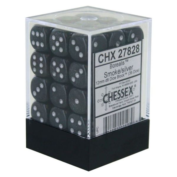 Dice Block with 36 d6 Borealis Smoke w/silver