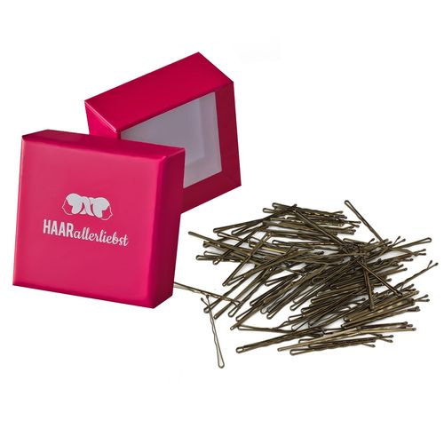 HAARallerliebst Hair Clips Bobby Pins (Pack of 100 | Gold | 5 cm) with Box for Storage (Box Colour: Pink)