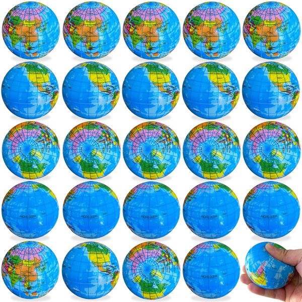 Globe Squeeze Balls,2.5 inch Earth Stress Relief Balls,Soft Foam Stress Ball Toy for Finger Exercise,School or Office Party Favors,24 Pcs