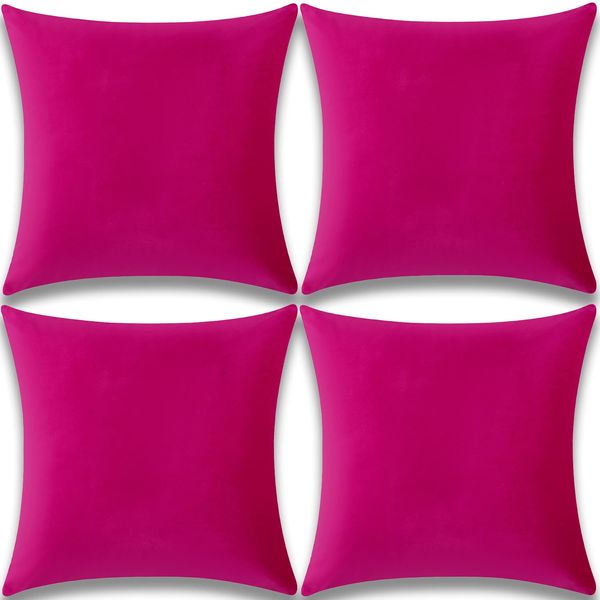 Yonous Cushion Covers, Soft Premium Velvet Decorative Throw Pillow for Sofa Bed Couch Chair, Set of 4, Hot Pink, 18 x 18 inch / 45 x 45 cm