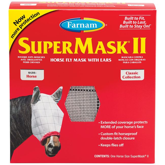 Farnam SuperMask II Classic Horse Fly Mask with Ears, Horse size, Assorted