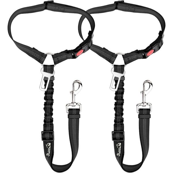 SlowTon Dog Seat Belt, 2 Pack Pet Car Seatbelt with Elastic Bungee Buffer, 2 in 1 Adjustable Headrest Restraint Reflective Puppy Safety Harness (Black-Dual Use)