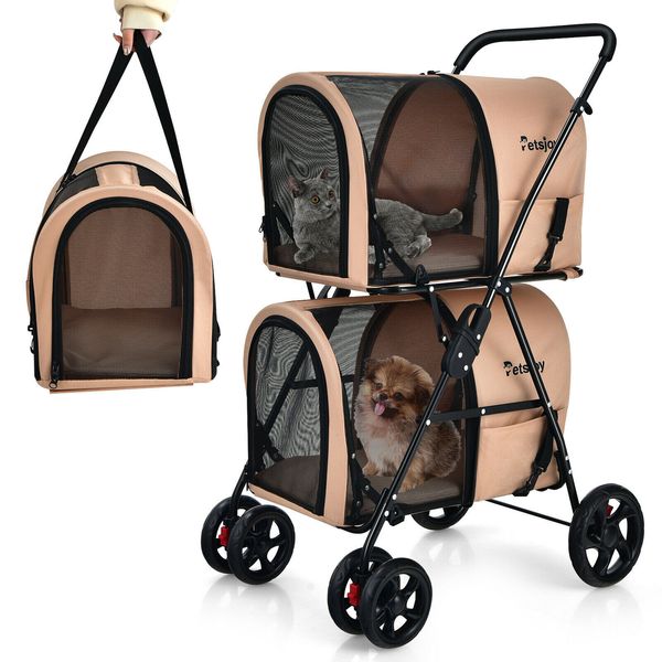 4-in-1 Double Pet Stroller w/ Detachable Carrier Travel Carriage for Cats Beige