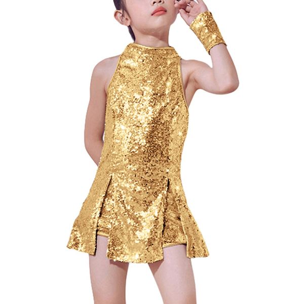 LOLANTA Girls Sequins Jazz Dance Costume Child Sparkle Mini Dress Hip Hop Dance Clothes Set Top+Pants+Socks, Gold, 8-9 Years, 140