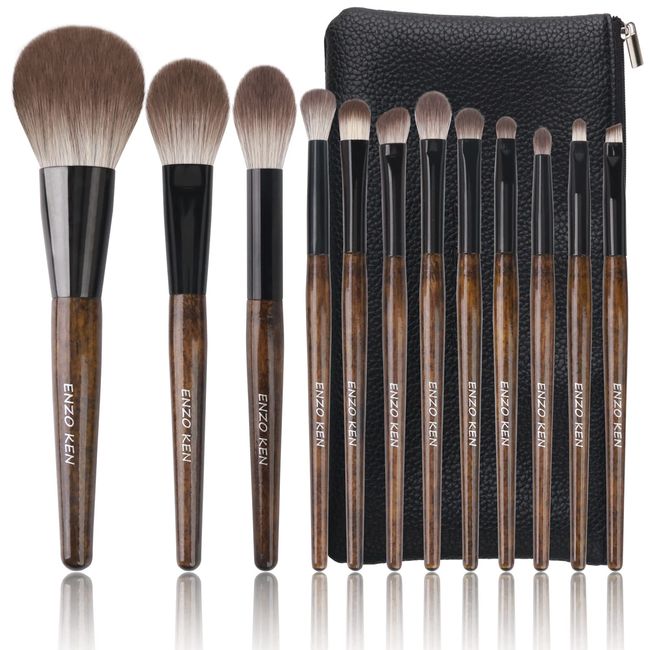 Natural Goat Hair Makeup Brush Set-Luxury ENZO KEN with Travel Makeup Pouch, Walnut Essential Eyeshadow Brush, Super Soft Bristle Eye Shadow Brush Set, Super Soft Real Bristle Face Nose Contour Brush-MONI