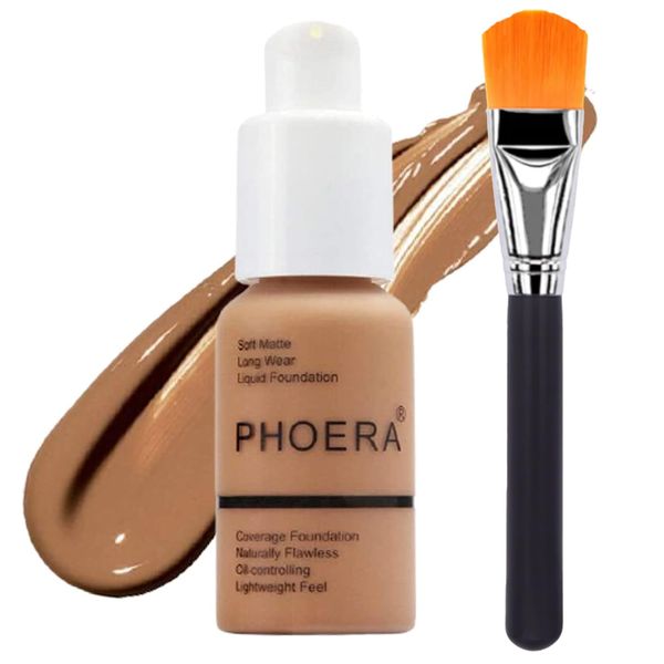 Glamza PHOERA Foundation Concealer Makeup Full Coverage Matte Brighten Long Lasting UK + Professional Flat Face Foundation Brush (107 HONEY)