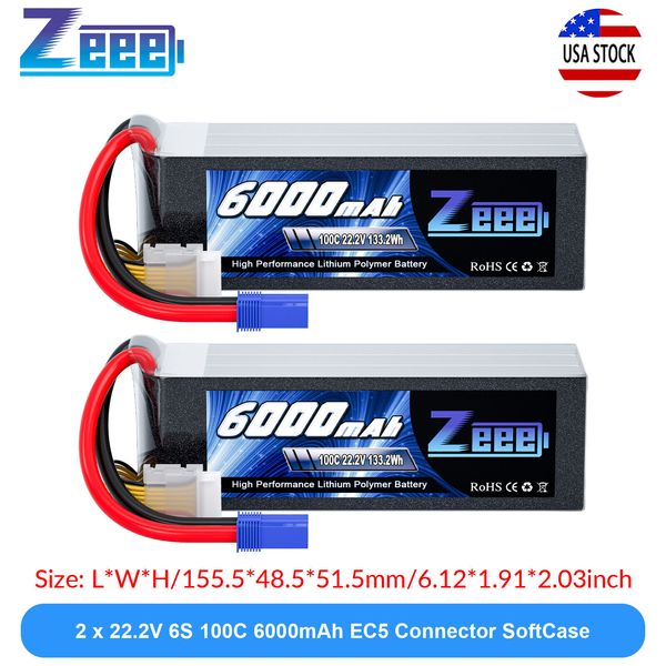 2x Zeee 6S LiPo Battery 6000mAh 22.2V 100C EC5 for RC Helicopter Airplane Car