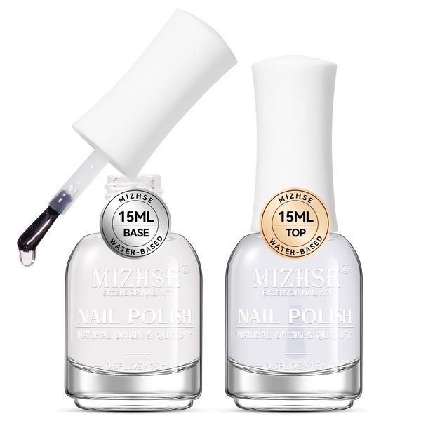 MIZHSE Base and Top Coat Nail Polish Quick Dry, 15ml/0.5oz Basic Nail Polish Non Gel, Air Dry Fast Water-based Nail Polish Protective High-Glossy Shiny Clear Long Lasting Nail Art Manicure at Home