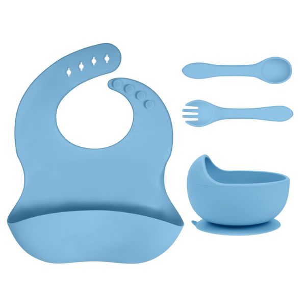 Vicloon Silicone Baby Feeding Set, 4 Pcs Baby Weaning Set, Suction Plate Bowl, Bib, Spoon and Fork, BPA Free Silicone Feeding Set, Toddlers and Kids Bowl Set, Gift for Kids (Blue)