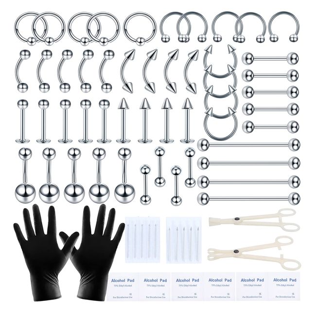 Xpircn 70PCS Piercing Kit Stainless Steel 14G 16G Lip Nose Septum Tongue Tragus Cartilage Daith Eyebrow Belly Button Rings Body Piercing Jewelry Tools