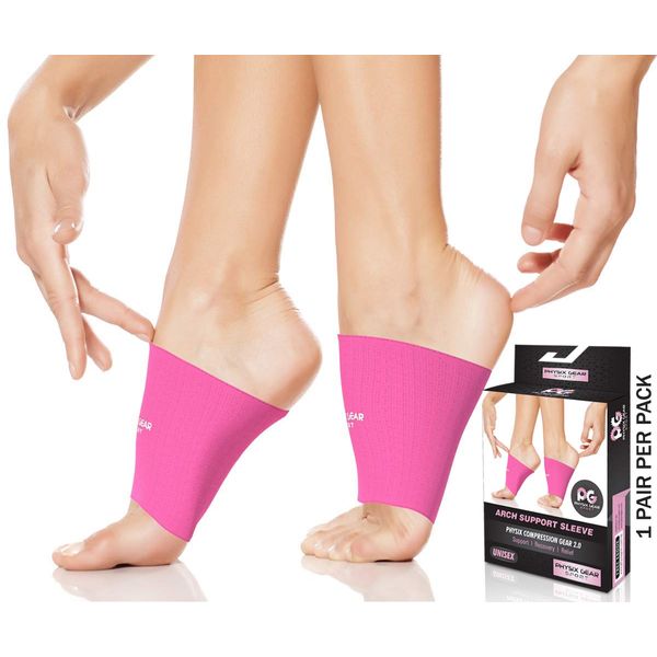 Physix Gear Sport Arch Supports for Plantar Fasciitis Relief (1 Pair) - Foot Sleeve Arch Support for Flat Feet, Plantar Fasciitis Wrap, Arch Compression Support Sleeves, Fast Relief (Pink, S)