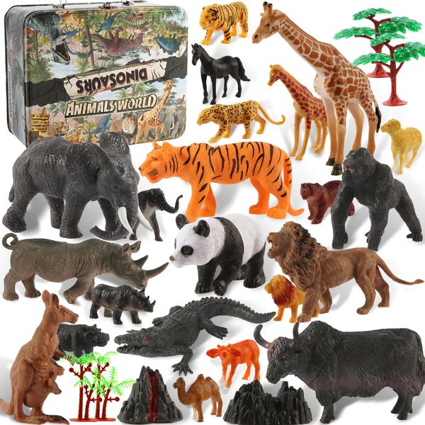 29-Piece Safari Animals Figures Toys Set for Kids -6-Inch Realistic Jumbo Wild Zoo Animals, Plastic African Wild Zoo Animals Playset with Metal Storage Box Educational Learning Playset for Kids 3-5-7