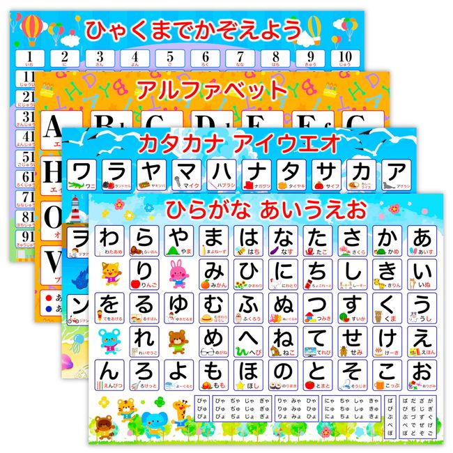 Genius Sensei's Bath Cram 4 Types Bath Poster B3 Size Hiragana Katakana Number 100 Alphabet Educational Exam