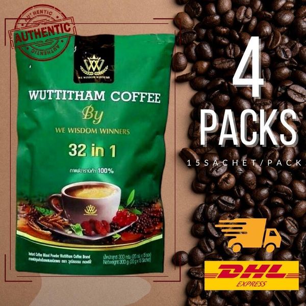 4x Wuttitham Healthy Instant Coffee 32 in 1 Herbs Mixed Manage Weight Control